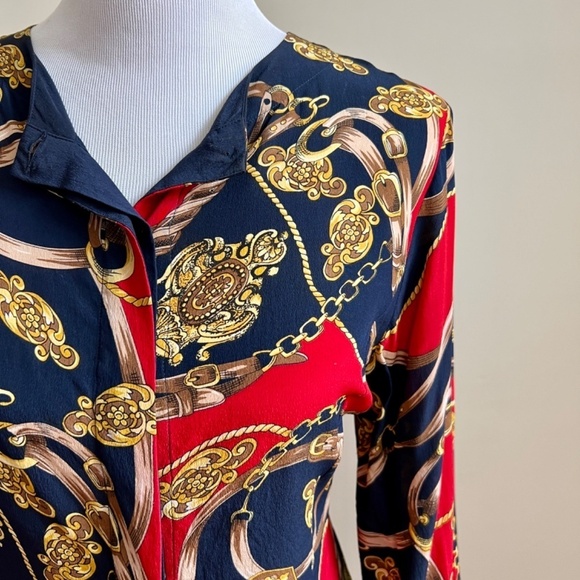 Vintage Stephanie Andrews 100% Silk Equestrian Navy Red Button Down Blouse Shirt - Picture 2 of 16